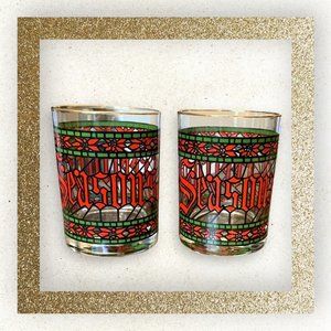 2 Vintage MCM HOUZE “Seasons Greetings” Stained Glass Gold Rimmed Glass